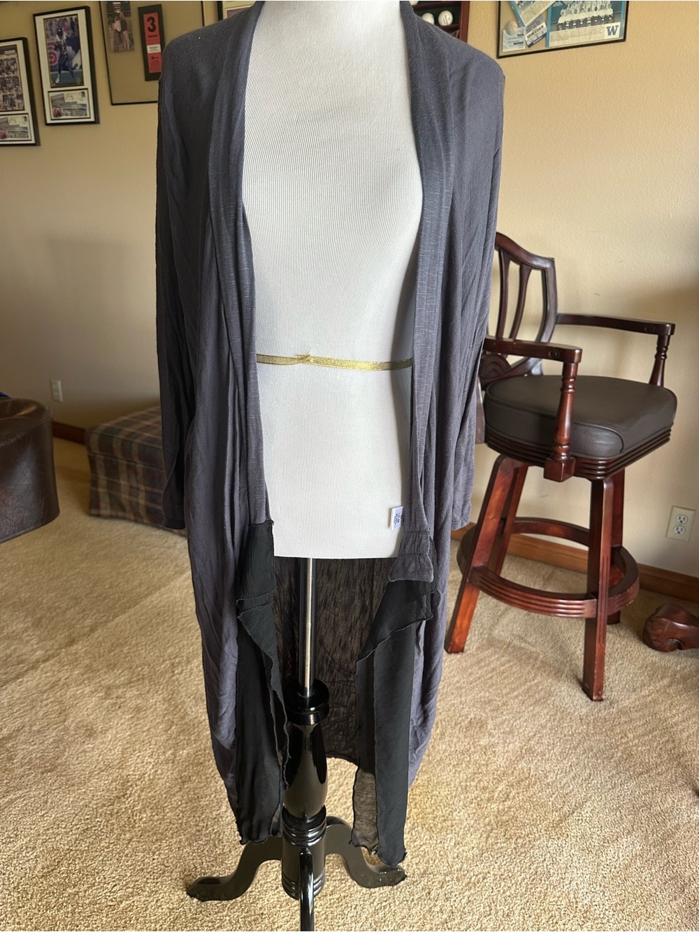 Olivia Moon 1X Gray Waterfall Duster Cardigan Sheer Ruffle Hem Made USA